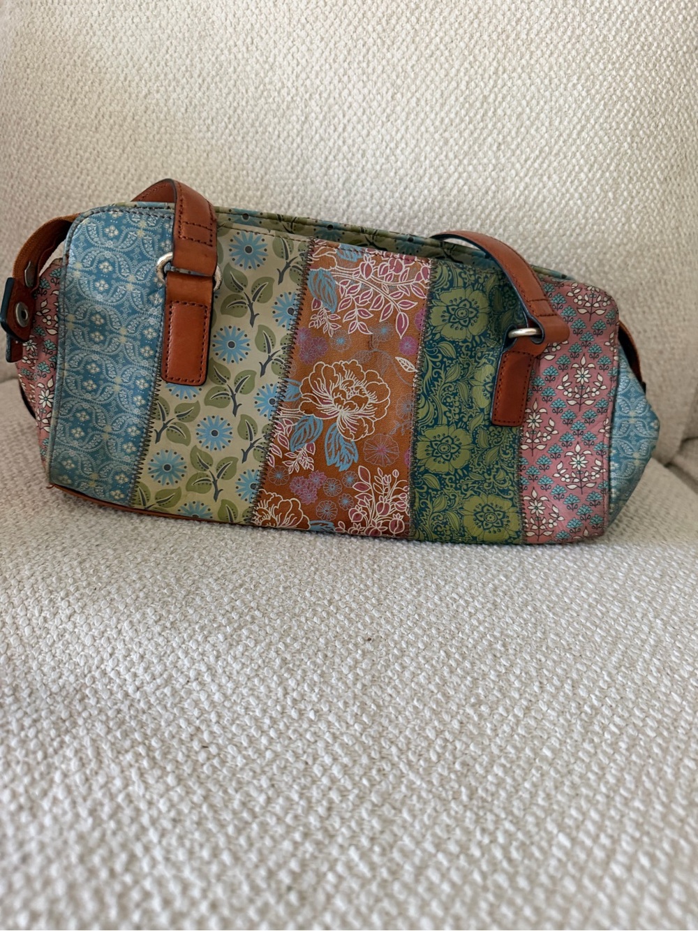 Fossil Patchwork Floral Shoulder Bag in Blue, Green, Tan, Pink